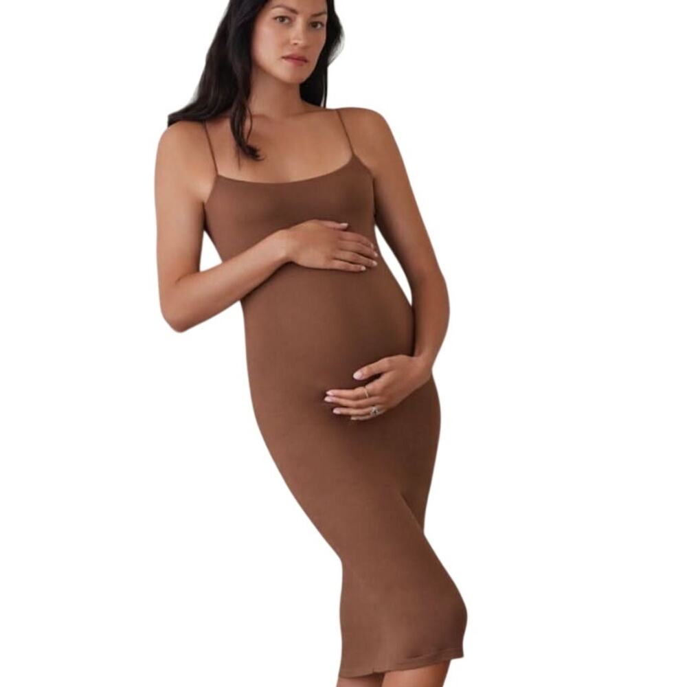 BUMPSUIT (XS) Brigette Mocha Maternity Bodycon Midi Dress Soft Stretch